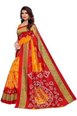 Yellow printed art silk saree with blouse 2