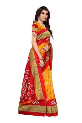 Yellow printed art silk saree with blouse 3