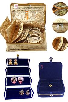 atorakushon   Satin Combo Makeup Pouch Necklace Jewellery Wardrobe Organizer Vanity Travel Kit Bag For Women's (gold)