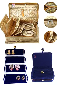 atorakushon   Satin Combo Makeup Pouch Necklace Jewellery Wardrobe Organizer Vanity Travel Kit Bag For Women's (gold)