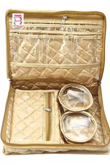 atorakushon   Satin Combo Makeup Pouch Necklace Jewellery Wardrobe Organizer Vanity Travel Kit Bag For Women's (gold)