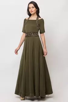 Sheczzar Bottle Green Color Cotton Floor Length  Party wear Gown.