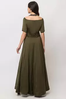 Sheczzar Bottle Green Color Cotton Floor Length  Party wear Gown.
