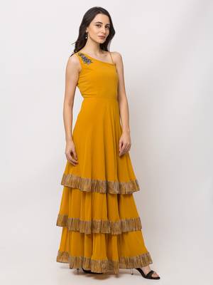 Sheczzar Mustard Color Georgette Floor Length  Party wear Gown. 2