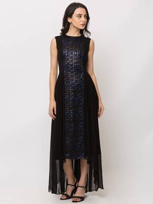 Sheczzar Black Color JAQUARD High Low Party wear Gown. 1