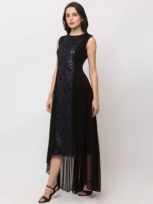 Sheczzar Black Color JAQUARD High Low Party wear Gown. 2