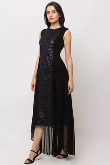 Sheczzar Black Color JAQUARD High Low Party wear Gown.