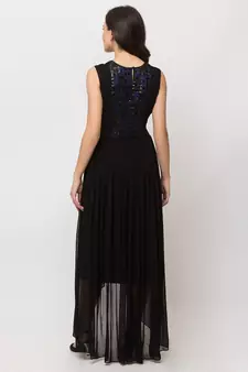Sheczzar Black Color JAQUARD High Low Party wear Gown.