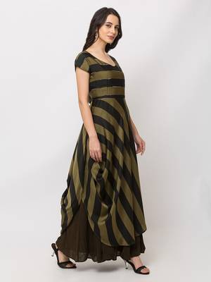 Sheczzar Bottle Green Color Striped Floor Length Party wear Gown. 2