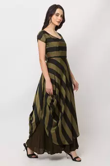 Sheczzar Bottle Green Color Striped Floor Length Party wear Gown.