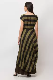 Sheczzar Bottle Green Color Striped Floor Length Party wear Gown.
