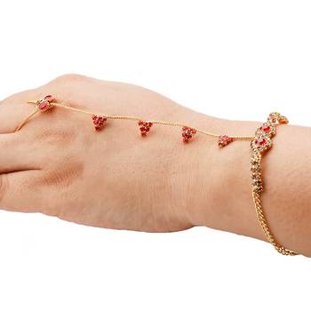 Traditional Ethanic Gold Plated Hot Red Colour Diamond Studded Designer Ring Bracelete For Girls and Women Jewellery 2