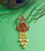 Traditional Gold Plated Antique Red Colour Diamond Studded Pearl Drop Designer Wedding Brooch For Unisex Jewellery