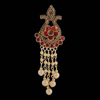 Traditional Gold Plated Antique Red Colour Diamond Studded Pearl Drop Designer Wedding Brooch For Unisex Jewellery 3