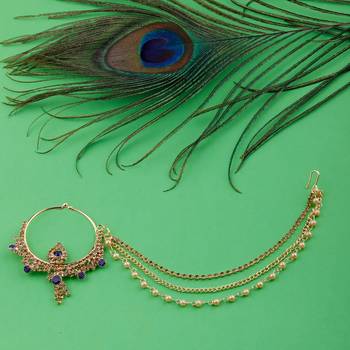 traditional Gold Plated Blue Stone Diamond Studded Designer Wedding Nose Ring for Girls And Women Jewellery 1