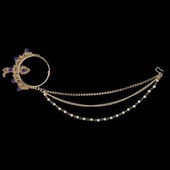 traditional Gold Plated Blue Stone Diamond Studded Designer Wedding Nose Ring for Girls And Women Jewellery 3