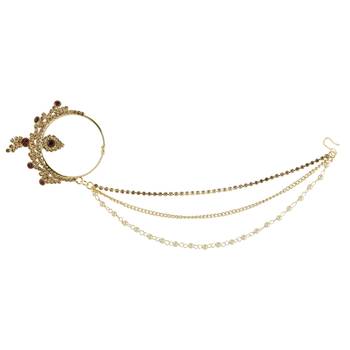 Traditional Gold Plated Dark Red Stone Diamond Studded Designer Wedding Nose Ring for Girls And Women Jewellery 2