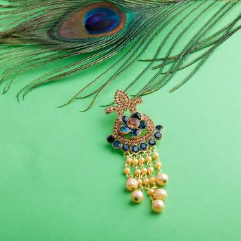 Traditional Gold Plated Antique Peacock Colour Diamond Studded Pearl Drop Designer Wedding Brooch For Unisex Jewellery 1