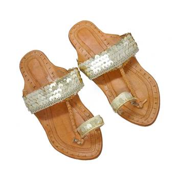 Golden coins Kolhapuri Chappal Color Gold Pure Leather Flat Women Footwear 1