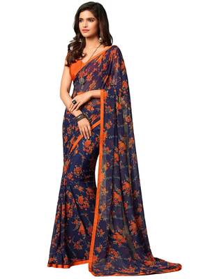 Navy blue printed faux georgette saree with blouse 1