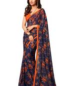 Navy blue printed faux georgette saree with blouse