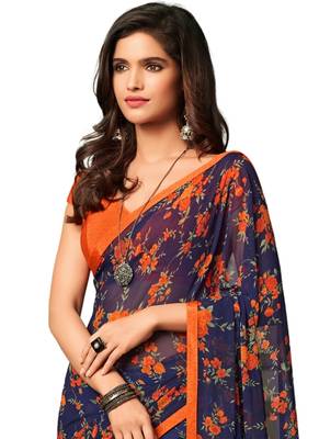 Navy blue printed faux georgette saree with blouse 2