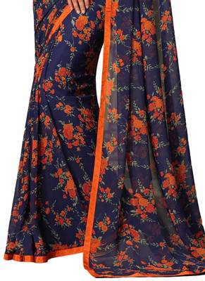 Navy blue printed faux georgette saree with blouse 3