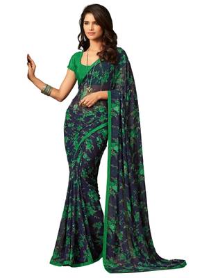 Navy blue printed faux georgette saree with blouse 1