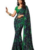 Navy blue printed faux georgette saree with blouse