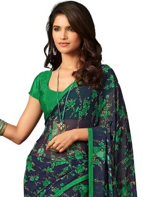 Navy blue printed faux georgette saree with blouse 2