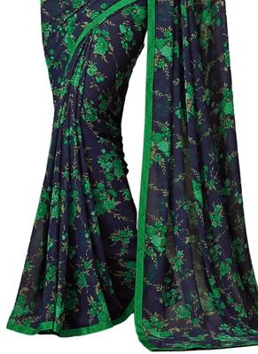 Navy blue printed faux georgette saree with blouse 3