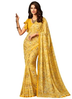 Yellow printed faux georgette saree with blouse 1