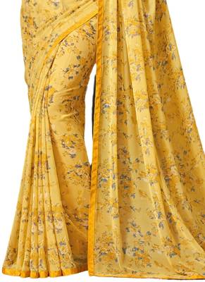 Yellow printed faux georgette saree with blouse 3