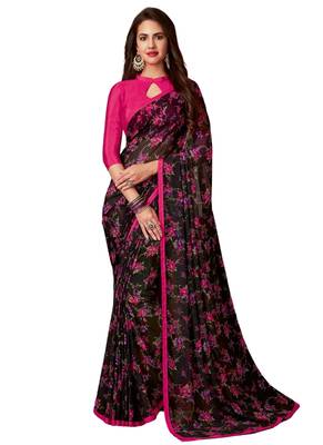 Black printed faux georgette saree with blouse 1