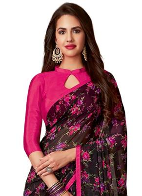 Black printed faux georgette saree with blouse 2