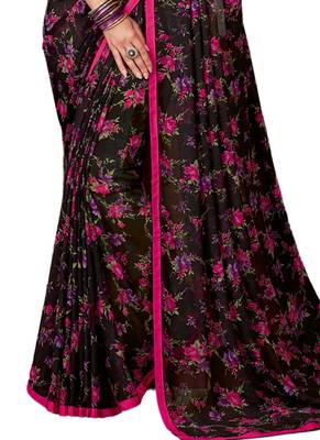 Black printed faux georgette saree with blouse 3