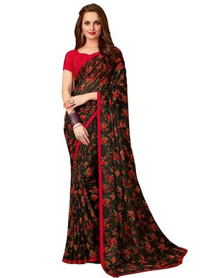 Black printed faux georgette saree with blouse 1