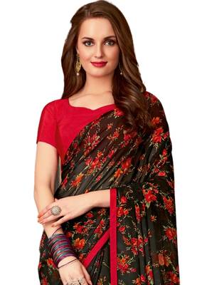 Black printed faux georgette saree with blouse 2
