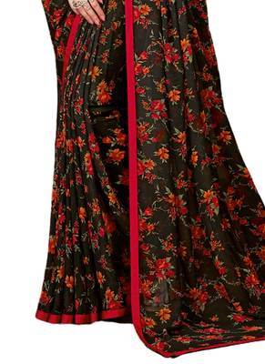 Black printed faux georgette saree with blouse 3