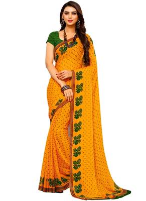 Yellow printed faux georgette saree with blouse 1