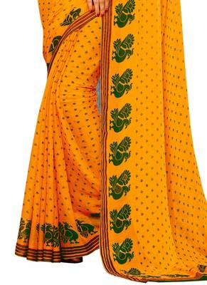 Yellow printed faux georgette saree with blouse 3