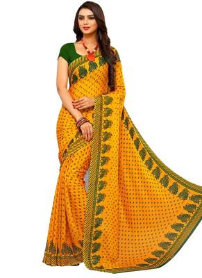 Yellow printed faux georgette saree with blouse 1