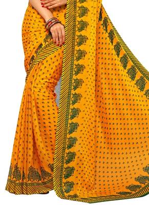 Yellow printed faux georgette saree with blouse 3