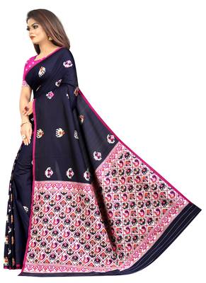 Dark Blue Woven Jacquard Saree With Blouse 2