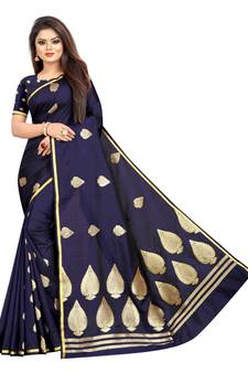 Dark Blue Woven Jacquard Saree With Blouse