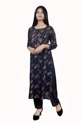 18 Forever V R For U Gold Printed And Front Hand Work Embroidery Kurta With Palazzo Set ( Navy Blue ) 1
