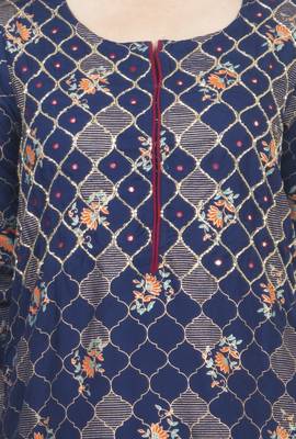 18 Forever V R For U Gold Printed And Front Hand Work Embroidery Kurta With Palazzo Set ( Navy Blue ) 3