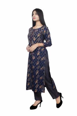 18 Forever V R For U Gold Printed And Front Hand Work Embroidery Kurta With Palazzo Set ( Navy Blue ) 5
