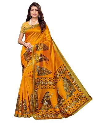 Yellow printed art silk saree with blouse 1