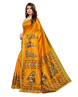 Yellow printed art silk saree with blouse 2